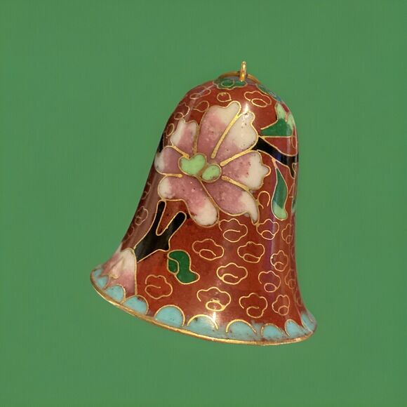 VTG Cloisonné Enameled Brass Bell Floral Design Brown Gold Toned Trim 2” High - Picture 3 of 12